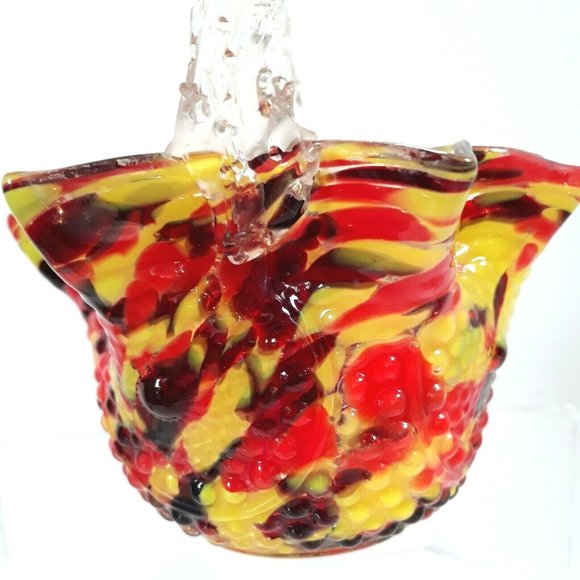 1920s Czech Art Glass Basket FRANZ WELZ Twisted Thorn Loop Red Yellow Black BOHO - Picture 6 of 12